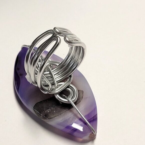 Marbled Purple Agate Ring Adjustable Band Handmade Semi Precious Ring - Picture 4 of 14